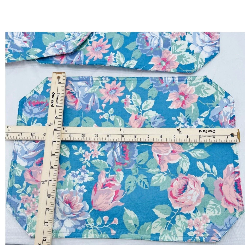 Set of 6 Floral Placemats Blue Pink Rose‎ Botanical Quilted Table Linens 18x13
